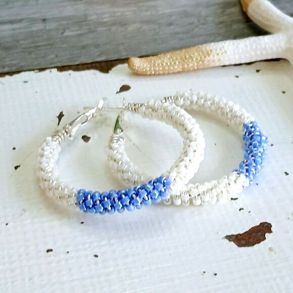 Purple & White Beaded Hoop Earrings, Seed Bead Jewelry Handmade Jewelry 1.5" - Picture 2 of 3